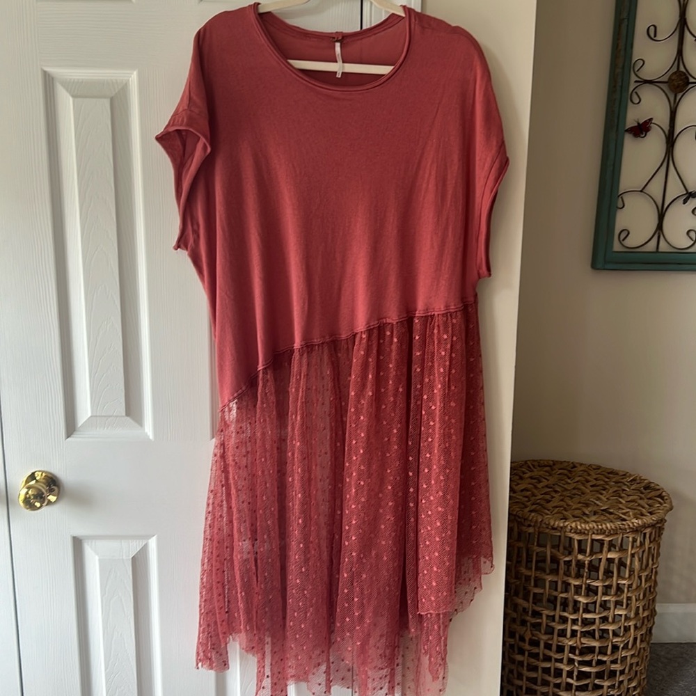Free People Asymmetrical Pink Tunic, Medium. Oversized Flowy Sheer Top / Dress